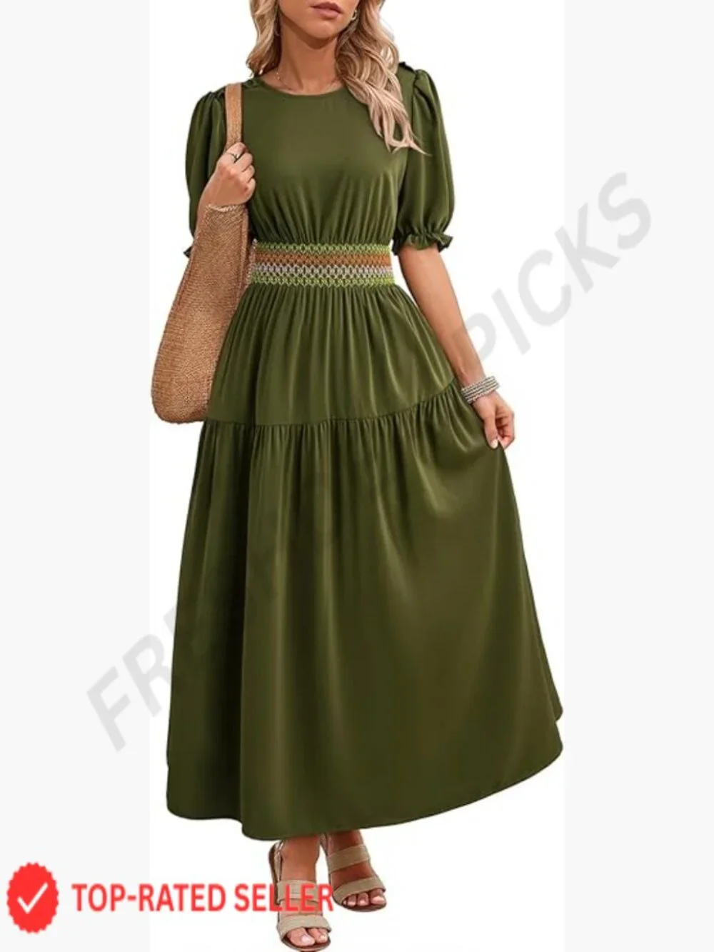 Women's Short Sleeve Smocked Maxi Dress Casual Elastic Waist Boho Tiered Ruffle - Picture 1 of 6